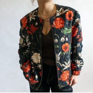 Mango Women’s Floral Quilted Bomber Jacket - Black and Red Size 2